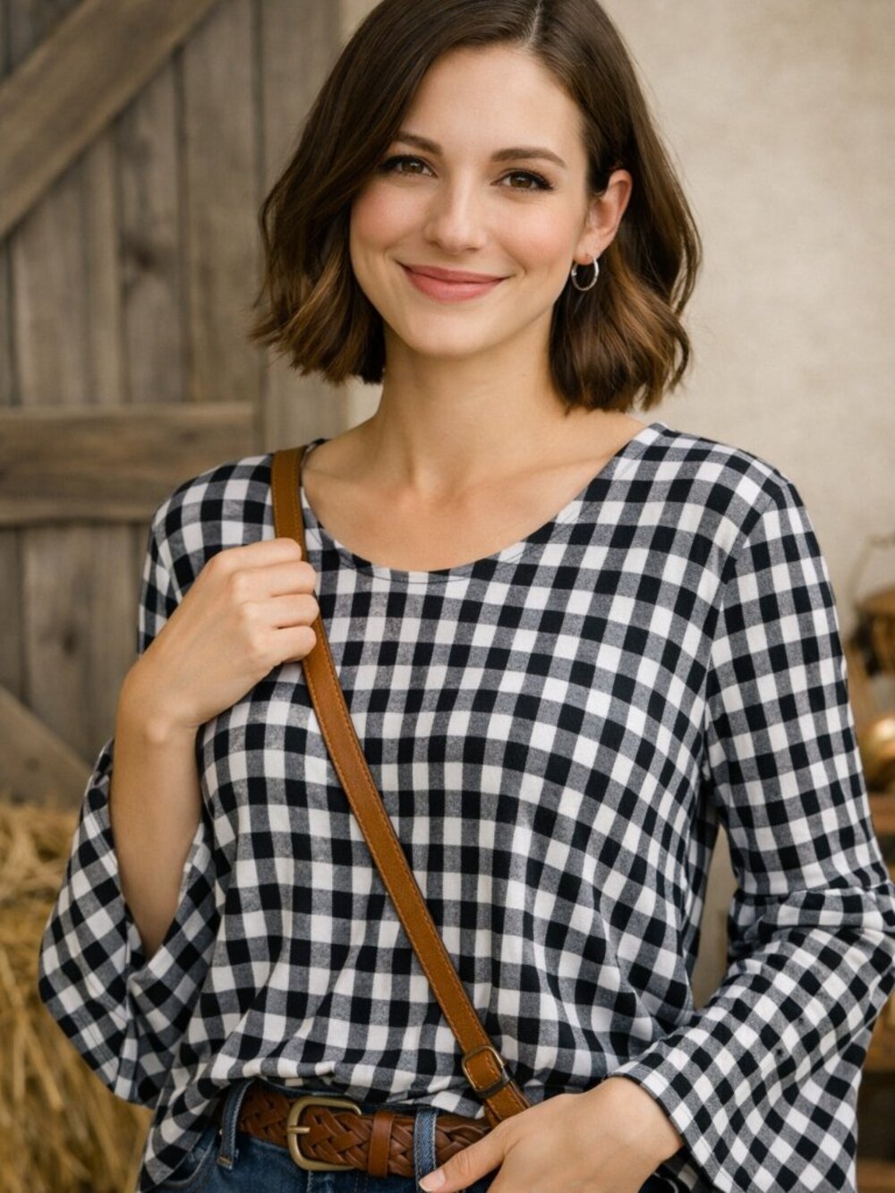 Black and light gray long bell sleeve gingham top Size M
